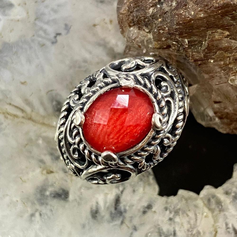 Carolyn Pollack Sterling Oval Red Coral & Faceted Quartz Decorated Doublet Ring